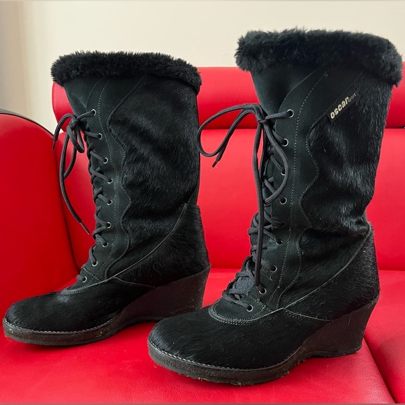 OSCAR SPORT Fur Boots WEDGE Shearling BLACK Size 38/7.5 Made in Italy - Picture 5 of 10